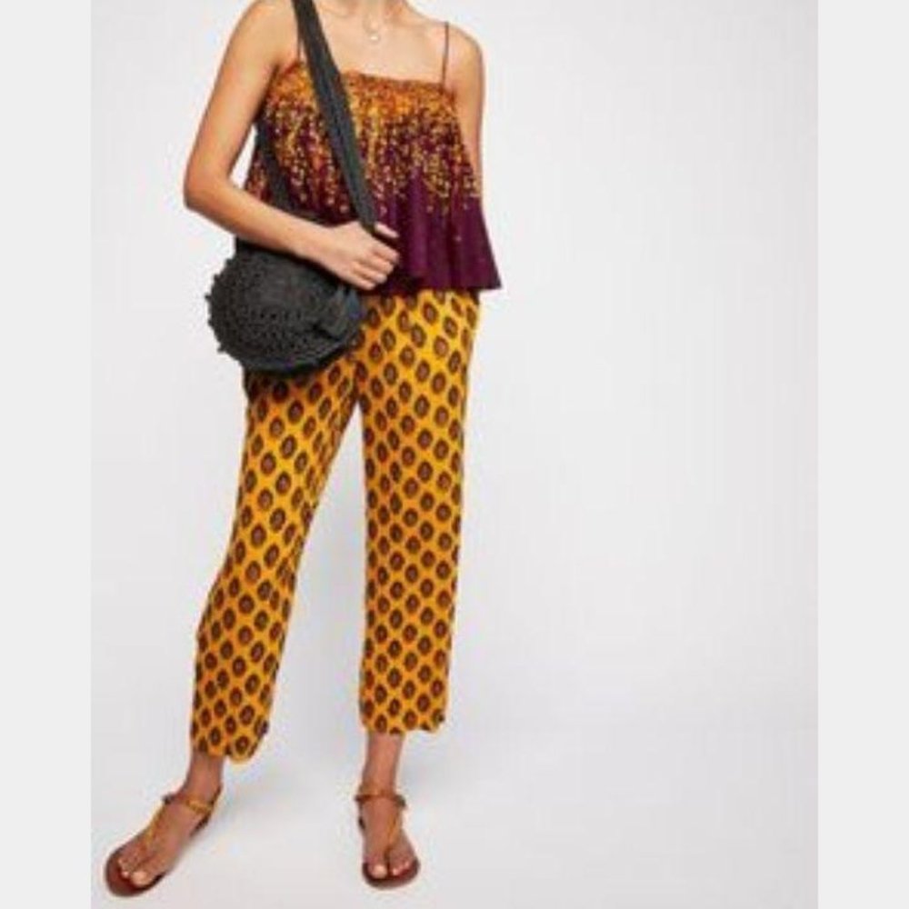 Free People Yellow Ornate Pleated Slim Leg Pants